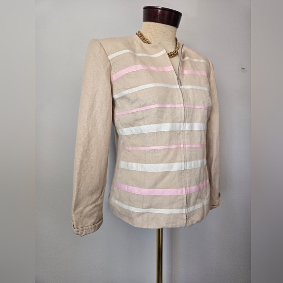 Mary Mcfadden Linen Beige Ribbon Striped Jacket. Size 6P - Picture 2 of 10